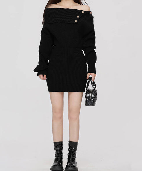 ニットワンピースオフショルダーワンピース レディース ボタンデザイン リブワンピース 大人可愛い ショート丈ワンピース セクシーワンピース 着やせ セータードレス 24WPS-003