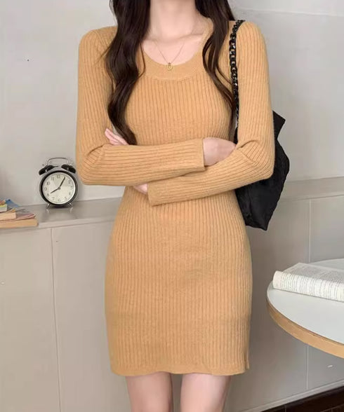 リブニットワンピース タイトワンピース レディース 韓国風 ミニワンピース きれいめ 重ね着ワンピ 大人カジュアル ベーシックワンピース 普段使いショートワンピ 24WPS-004
