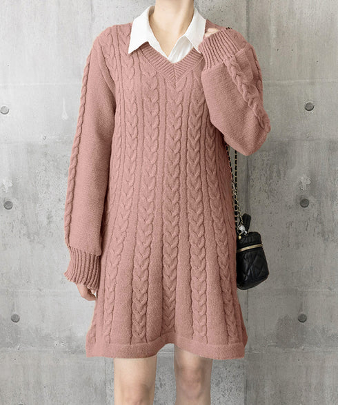 ニットワンピース ケーブル編みミニワンピ レディース ボリュームスリーブ Aラインワンピース 通勤通学 Vネックショート丈ワンピース 韓国風 膝上丈ワンピース長袖 24WPS-005