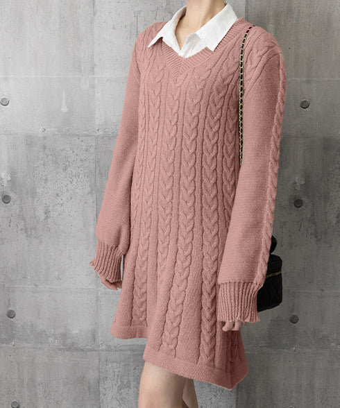 ニットワンピース ケーブル編みミニワンピ レディース ボリュームスリーブ Aラインワンピース 通勤通学 Vネックショート丈ワンピース 韓国風 膝上丈ワンピース長袖 24WPS-005