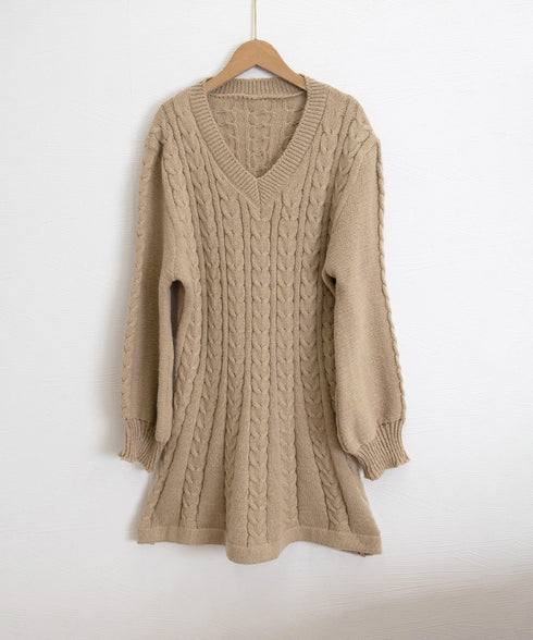 ニットワンピース ケーブル編みミニワンピ レディース ボリュームスリーブ Aラインワンピース 通勤通学 Vネックショート丈ワンピース 韓国風 膝上丈ワンピース長袖 24WPS-005
