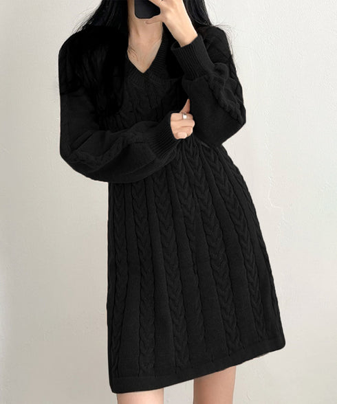 ニットワンピース ケーブル編みミニワンピ レディース ボリュームスリーブ Aラインワンピース 通勤通学 Vネックショート丈ワンピース 韓国風 膝上丈ワンピース長袖 24WPS-005