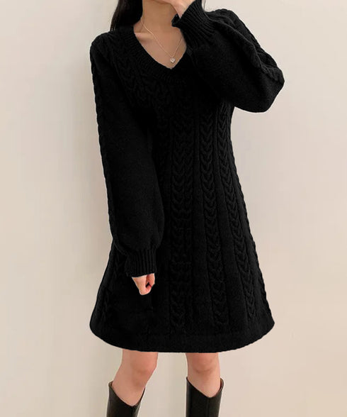 ニットワンピース ケーブル編みミニワンピ レディース ボリュームスリーブ Aラインワンピース 通勤通学 Vネックショート丈ワンピース 韓国風 膝上丈ワンピース長袖 24WPS-005
