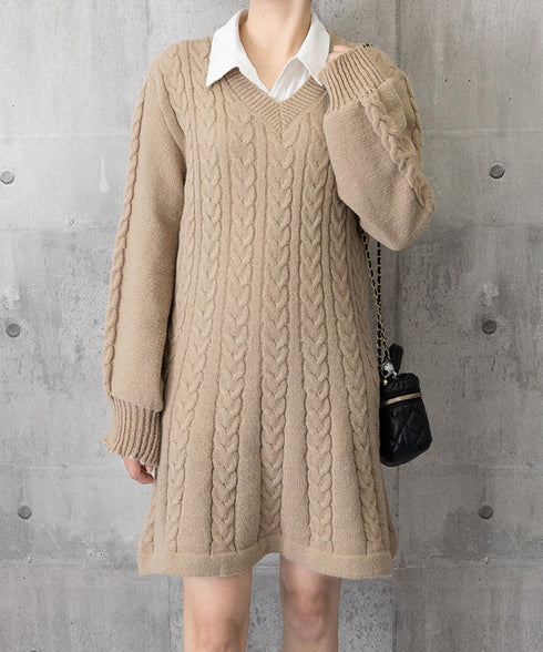 ニットワンピース ケーブル編みミニワンピ レディース ボリュームスリーブ Aラインワンピース 通勤通学 Vネックショート丈ワンピース 韓国風 膝上丈ワンピース長袖 24WPS-005