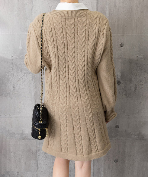 ニットワンピース ケーブル編みミニワンピ レディース ボリュームスリーブ Aラインワンピース 通勤通学 Vネックショート丈ワンピース 韓国風 膝上丈ワンピース長袖 24WPS-005