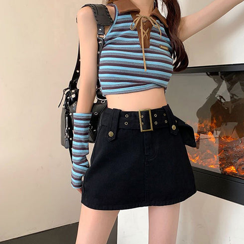 キュロットデニムスカート ハイウエスト レディース ベルト付きミニスカパン チラ見せ防止 タイトスカート セクシー ショートスカート 韓国おしゃれ 美脚ボトムス 2AMIY-006