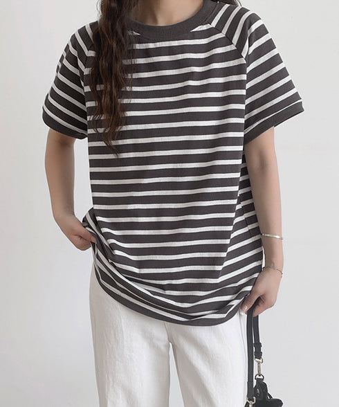 ボーダーTシャツ 半袖チュニックTシャツ 綿混tシャツ クルーネックカットソー プルオーバー着やせ夏トップス おしゃれカジュアル シンプルロングtシャツ ゆったり 2CHENFAN-001