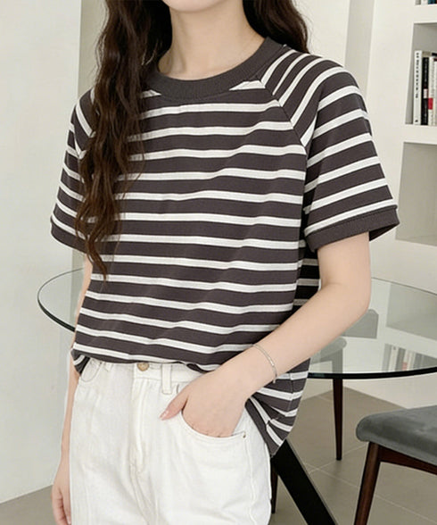 ボーダーTシャツ 半袖チュニックTシャツ 綿混tシャツ クルーネックカットソー プルオーバー着やせ夏トップス おしゃれカジュアル シンプルロングtシャツ ゆったり 2CHENFAN-001