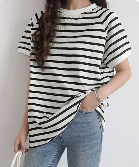 ボーダーTシャツ 半袖チュニックTシャツ 綿混tシャツ クルーネックカットソー プルオーバー着やせ夏トップス おしゃれカジュアル シンプルロングtシャツ ゆったり 2CHENFAN-001