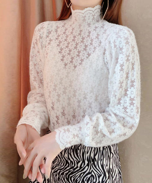 微起毛 ハイネックレースブラウス 春秋冬 重ね着 シースルートップス レディース きれいめ フリルブラウス レイヤード 大人可愛い 花柄レーストップスパフスリーブ 2DUOJC-001