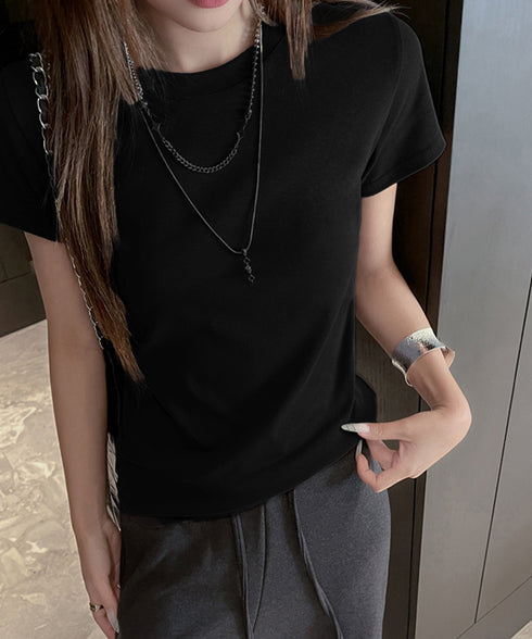 Tシャツ レディース フィットカットソー レディース クルーネックtシャツ 細見え夏服 ストレッチトップス シンプル 着回し タイトtシャツ 半袖カットソー無地 2DYYT-001