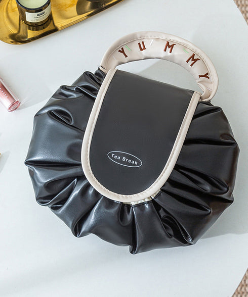 巾着コスメポーチ PUレザーメイクポーチ 大容量 トラベルポーチ 360度オープン コスメ収納 小物入れ便利バッグ 持ち手付き 収納バッグ 使いやすい手提げポーチ 2FANGE-001