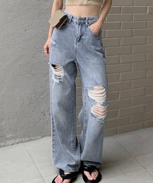 ダメージデニムパンツ クラッシュジーンズ レディース カッコいい ストレートパンツ ハイウエスト おしゃれカジュアルジーパン 春夏秋ゆったり 美脚脚長パンツ着やせ 2GDNA-001