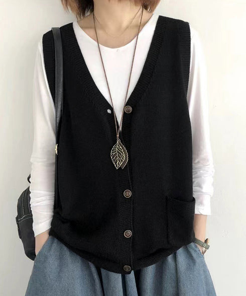 ニットベスト レディース 前開きチョッキ ポケット付きニットジレ Vネック ノースリーブニットトップス カジュアル レトロ ニットタンク 体型カバー春秋服 韓国風 2HUANYI-002