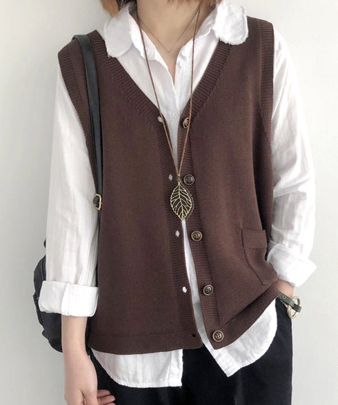 ニットベスト レディース 前開きチョッキ ポケット付きニットジレ Vネック ノースリーブニットトップス カジュアル レトロ ニットタンク 体型カバー春秋服 韓国風 2HUANYI-002