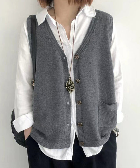 ニットベスト レディース 前開きチョッキ ポケット付きニットジレ Vネック ノースリーブニットトップス カジュアル レトロ ニットタンク 体型カバー春秋服 韓国風 2HUANYI-002