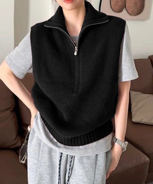 ハーフジップ ニットベストスタンドカラー ハイネック ニットチョッキ シンプルおしゃれ ノースリーブニットトップス レディース カジュアルニット 無地重ね着秋冬服 2HUANYI-003