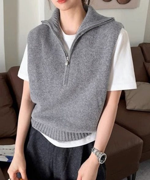 ハーフジップ ニットベストスタンドカラー ハイネック ニットチョッキ シンプルおしゃれ ノースリーブニットトップス レディース カジュアルニット 無地重ね着秋冬服 2HUANYI-003