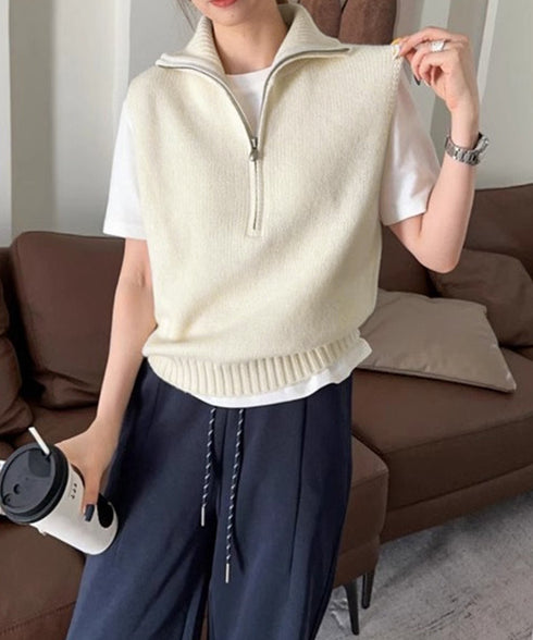 ハーフジップ ニットベストスタンドカラー ハイネック ニットチョッキ シンプルおしゃれ ノースリーブニットトップス レディース カジュアルニット 無地重ね着秋冬服 2HUANYI-003
