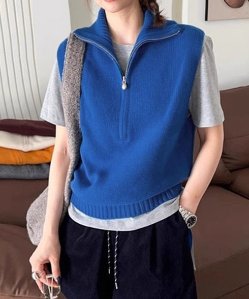 ハーフジップ ニットベストスタンドカラー ハイネック ニットチョッキ シンプルおしゃれ ノースリーブニットトップス レディース カジュアルニット 無地重ね着秋冬服 2HUANYI-003