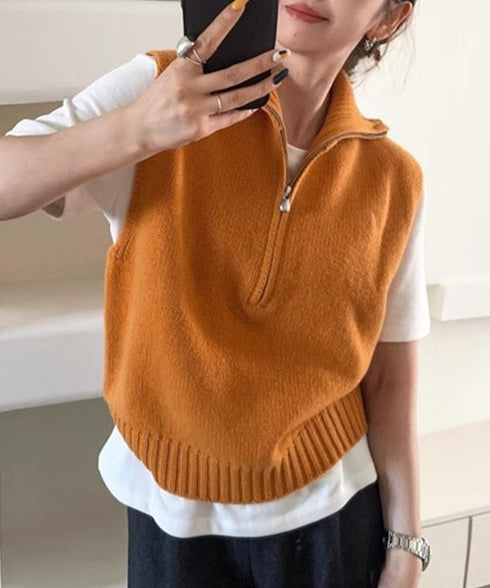 ハーフジップ ニットベストスタンドカラー ハイネック ニットチョッキ シンプルおしゃれ ノースリーブニットトップス レディース カジュアルニット 無地重ね着秋冬服 2HUANYI-003