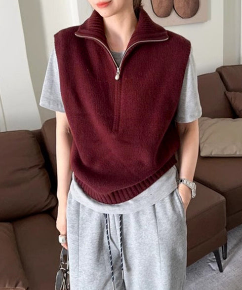 ハーフジップ ニットベストスタンドカラー ハイネック ニットチョッキ シンプルおしゃれ ノースリーブニットトップス レディース カジュアルニット 無地重ね着秋冬服 2HUANYI-003