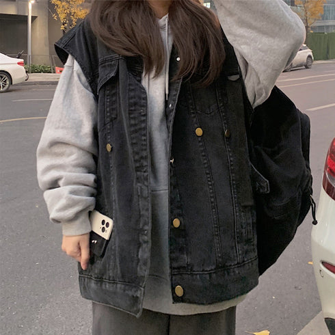 デニムベスト ジレ 重ね着デニムチョッキ ゆったり ノースリーブ デニムジャケット 袖なし Gジャン カジュアル 春秋冬アウターオルチャン オーバーサイズトップス 2KAFKA-002