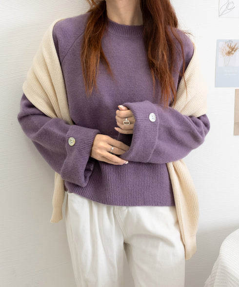 ニットトップス ワイドスリーブニット秋冬 レディース 袖折返しボタン ニットプルオーバー ラグランスリーブ ニットセーター オフィスカジュアル 韓国風ニット 無地 2QIUT-002