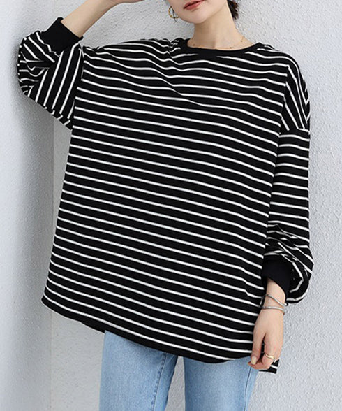 ボーダーtシャツ レディース 長袖ロンT ラウンドネック ゆったり 着やせプルオーバー 韓国 おしゃれカットソー 体型カバートップス チュニック無地 春秋冬着回し 2RIRI-001