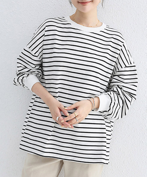 ボーダーtシャツ レディース 長袖ロンT ラウンドネック ゆったり 着やせプルオーバー 韓国 おしゃれカットソー 体型カバートップス チュニック無地 春秋冬着回し 2RIRI-001