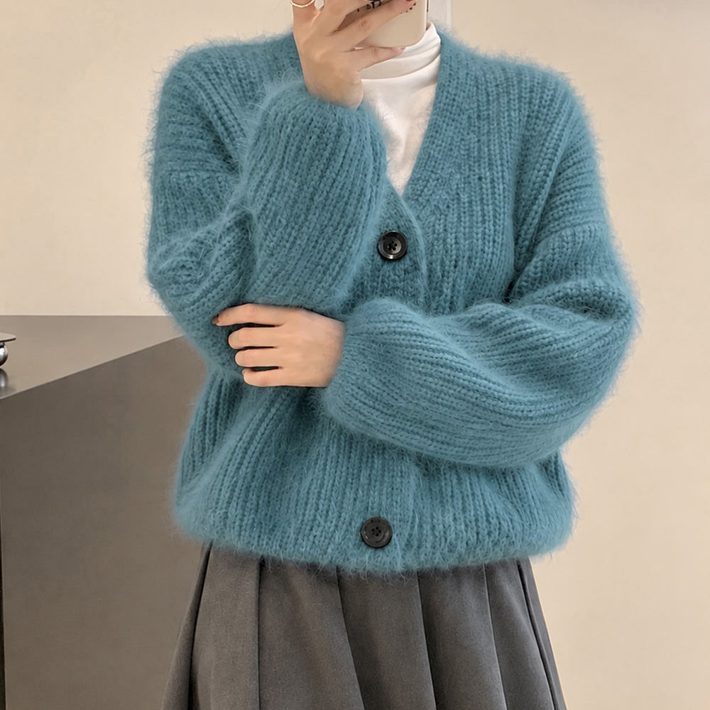 シャギーニットショートカーディガン韓国風 ブルー