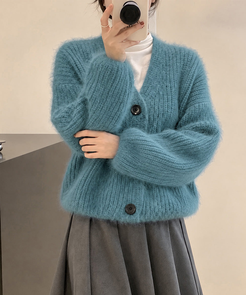 シャギーニットショートカーディガン韓国風 ブルー