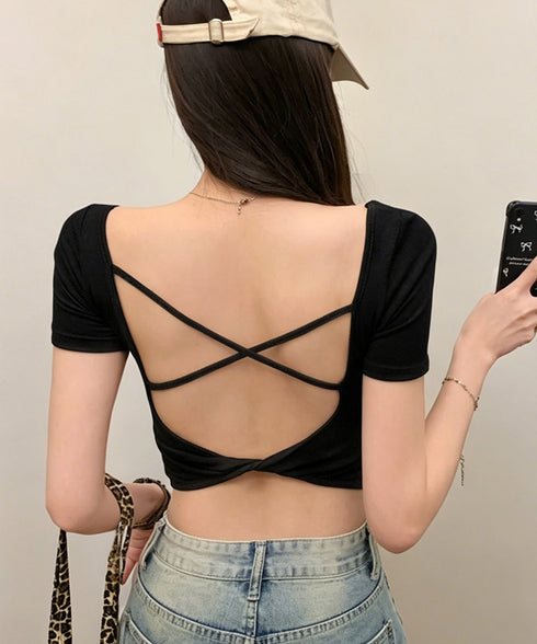 背中開きカップ付き半袖Tシャツクロップド へそ出し 細身Tシャツ デコルテ見せ トレンド背中クロスデザインカットソー ギャル系肌見せ夏服韓国風 美胸ブラトップ快適 2RUYAN-001