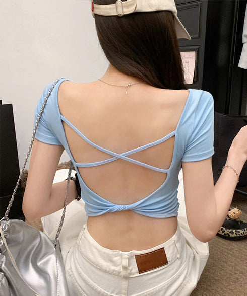 背中開きカップ付き半袖Tシャツクロップド へそ出し 細身Tシャツ デコルテ見せ トレンド背中クロスデザインカットソー ギャル系肌見せ夏服韓国風 美胸ブラトップ快適 2RUYAN-001