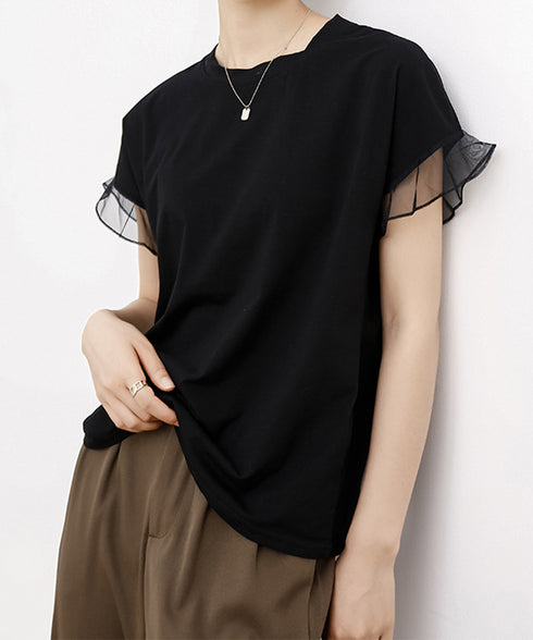 袖シアーTシャツチュール切替えカットソー クルーネックt 大人可愛い夏服 着回し フリル袖トップス ゆったり 半袖カットソー レディース おしゃれプルオーバー無地 2SHENSHI-001