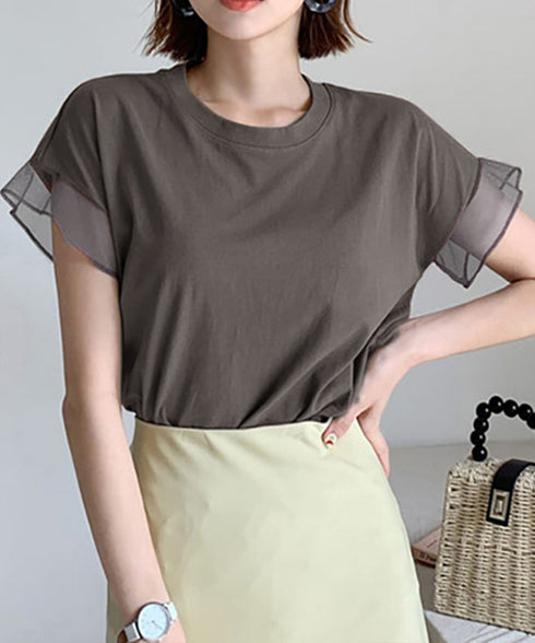 袖シアーTシャツチュール切替えカットソー クルーネックt 大人可愛い夏服 着回し フリル袖トップス ゆったり 半袖カットソー レディース おしゃれプルオーバー無地 2SHENSHI-001