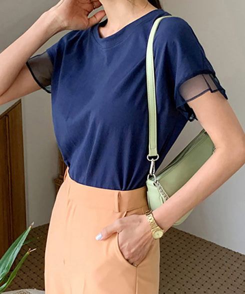 袖シアーTシャツチュール切替えカットソー クルーネックt 大人可愛い夏服 着回し フリル袖トップス ゆったり 半袖カットソー レディース おしゃれプルオーバー無地 2SHENSHI-001