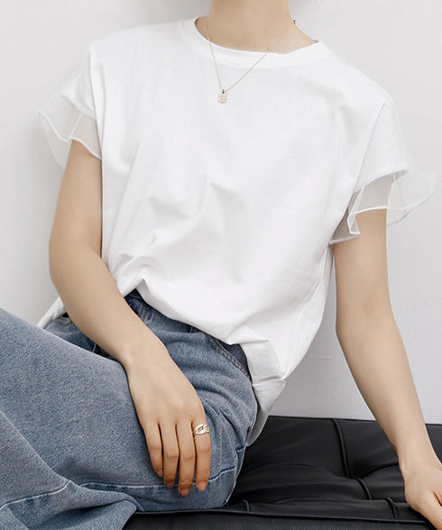 袖シアーTシャツチュール切替えカットソー クルーネックt 大人可愛い夏服 着回し フリル袖トップス ゆったり 半袖カットソー レディース おしゃれプルオーバー無地 2SHENSHI-001