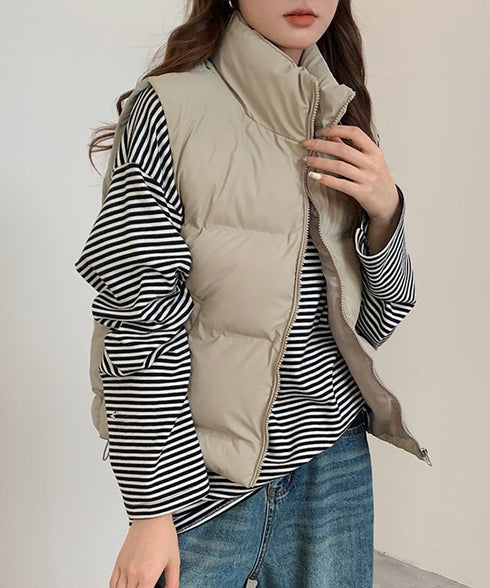 ダウンベスト ジップアップパデッドベスト スタンドカラー暖かい 中綿ベスト ポケット付き ショート丈エコダウンベスト フェイクダウンジャケットノースリーブ 韓国風 2TNIAO-003