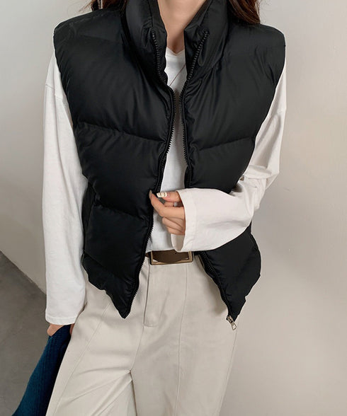 ダウンベスト ジップアップパデッドベスト スタンドカラー暖かい 中綿ベスト ポケット付き ショート丈エコダウンベスト フェイクダウンジャケットノースリーブ 韓国風 2TNIAO-003