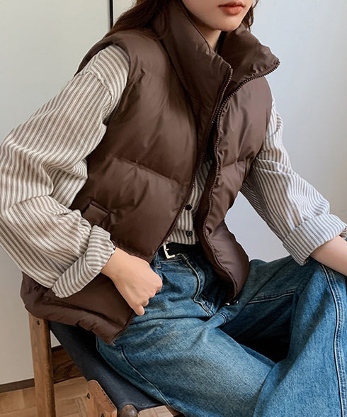 ダウンベスト ジップアップパデッドベスト スタンドカラー暖かい 中綿ベスト ポケット付き ショート丈エコダウンベスト フェイクダウンジャケットノースリーブ 韓国風 2TNIAO-003