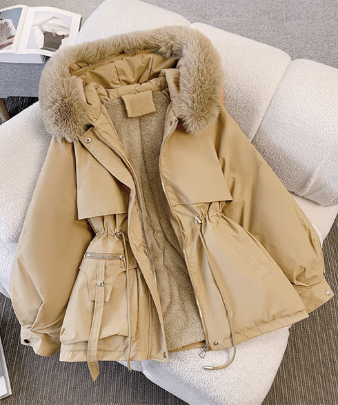 ファーフード付きモッズコートレディース冬 ウエストマーク中綿入りショートコート ボリュームファー襟 韓国風モッズジャケット大人カジュアルアウター冬用 寒さ対策保温 2TNIAO-004