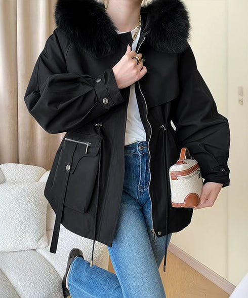 ファーフード付きモッズコートレディース冬 ウエストマーク中綿入りショートコート ボリュームファー襟 韓国風モッズジャケット大人カジュアルアウター冬用 寒さ対策保温 2TNIAO-004