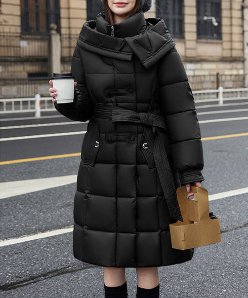 フード付き フェイクダウンコードロング丈 韓国風中綿ロングコード レディース 厚手防寒アウター 大人カジュアル キルティングコートウエストマーク 冬アウター立ち襟 2TNIAO-005