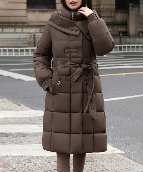 フード付き フェイクダウンコードロング丈 韓国風中綿ロングコード レディース 厚手防寒アウター 大人カジュアル キルティングコートウエストマーク 冬アウター立ち襟 2TNIAO-005
