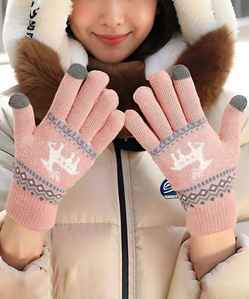 トナカイ柄手袋タッチパネル対応ニット手袋 レディース暖かいジャガード手袋 冷え対策スマホ手袋 鹿柄5本指ニットグローブ通勤通学カップルグローブ秋冬ハンドウォーマー 2YEZHEN-001