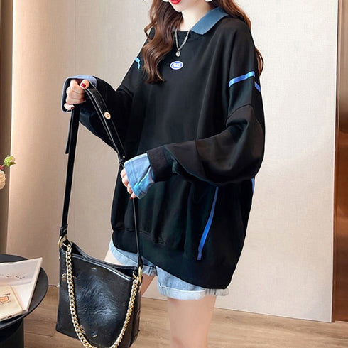 レイヤード風 スウェット 薄手トレーナー レディース 重ね着風 長袖プルオーバー おしゃれ ロゴ チュニックロンt 体型カバービッグスウェットシャツ ゆるトップス 2YIGULI-004