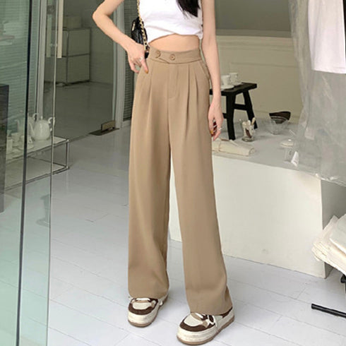 ドレープストレートパンツ レディース美脚 低身長向け セミワイドパンツ タック入り ウエストゴムイージーパンツ スリム体型 ハイウエスト韓国ボトムス カジュアル 2YIGULI-011