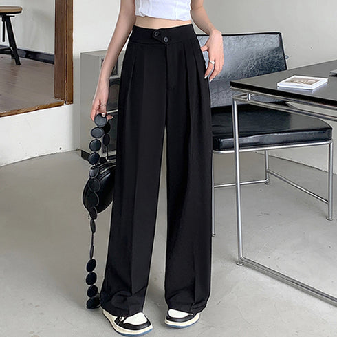 ドレープストレートパンツ レディース美脚 低身長向け セミワイドパンツ タック入り ウエストゴムイージーパンツ スリム体型 ハイウエスト韓国ボトムス カジュアル 2YIGULI-011