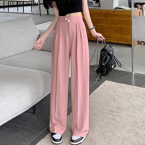 ドレープストレートパンツ レディース美脚 低身長向け セミワイドパンツ タック入り ウエストゴムイージーパンツ スリム体型 ハイウエスト韓国ボトムス カジュアル 2YIGULI-011